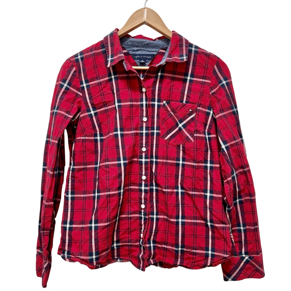Tommy Hilfiger Plaid Button Down Womens Small Red Long Sleeve Designer Preppy